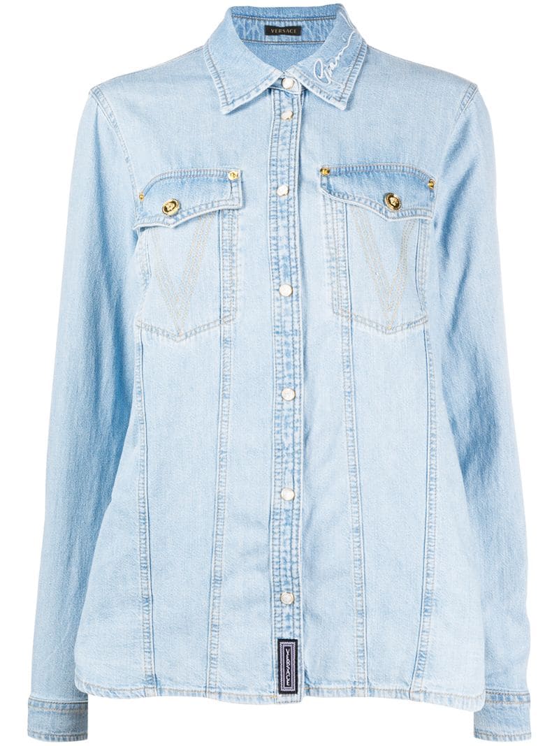 Versace Gv Signature Denim Shirt In Blue