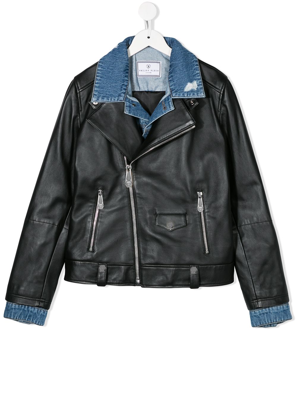 

Philipp Plein Junior denim-collar biker jacket - Black