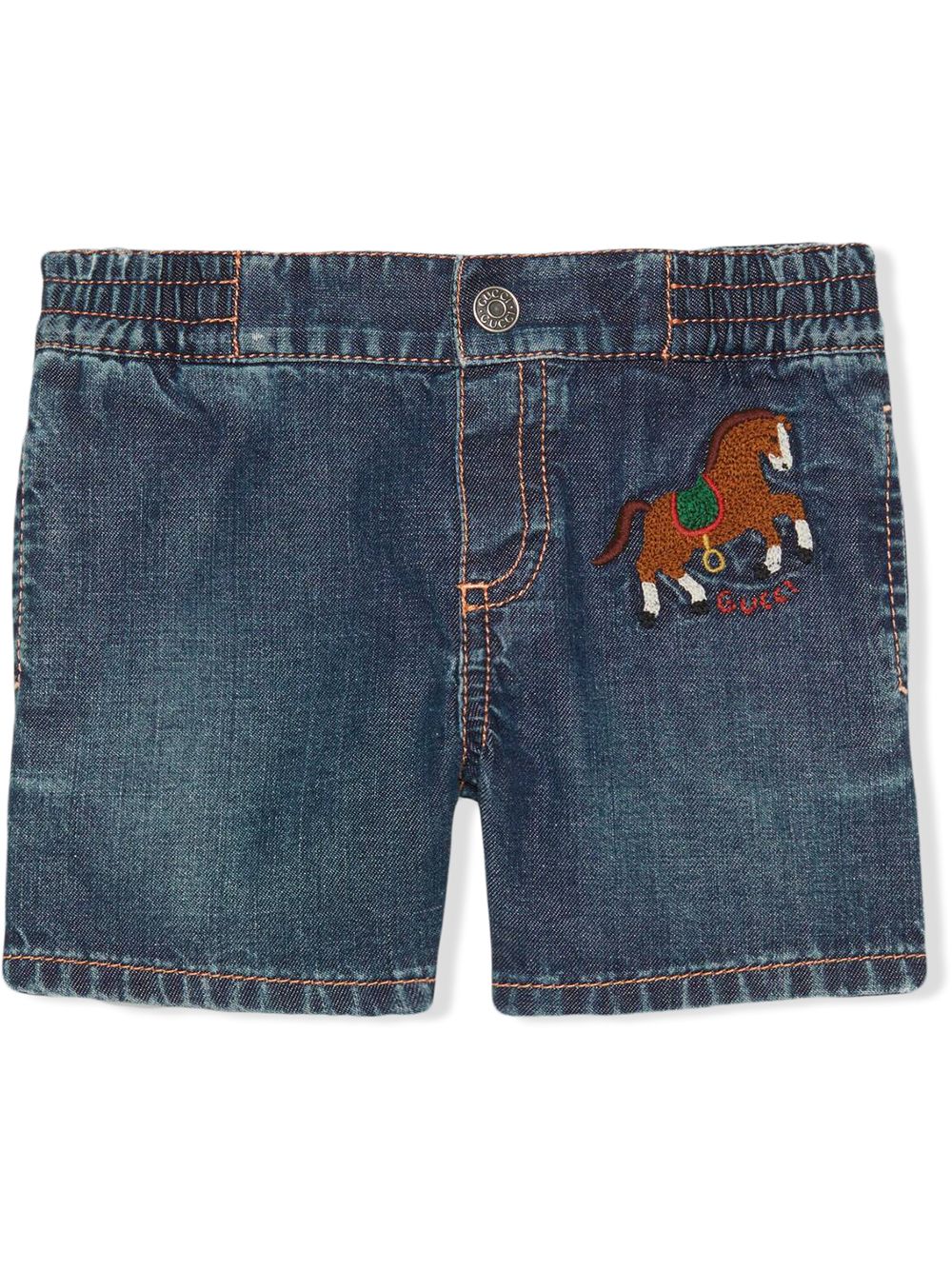Shop Gucci Horse Patch Denim Shorts In Blue