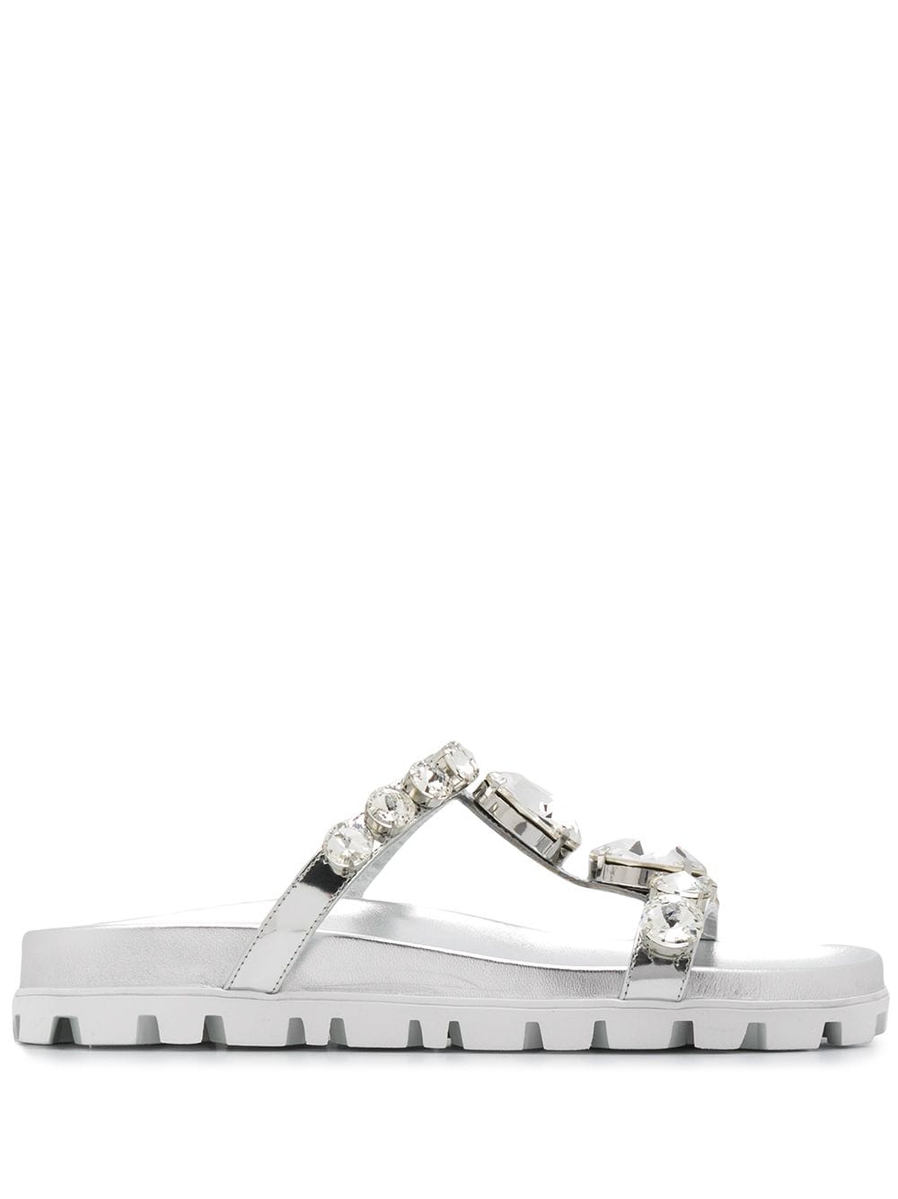 MIU MIU CRYSTAL SILVER SLIDE SANDALS