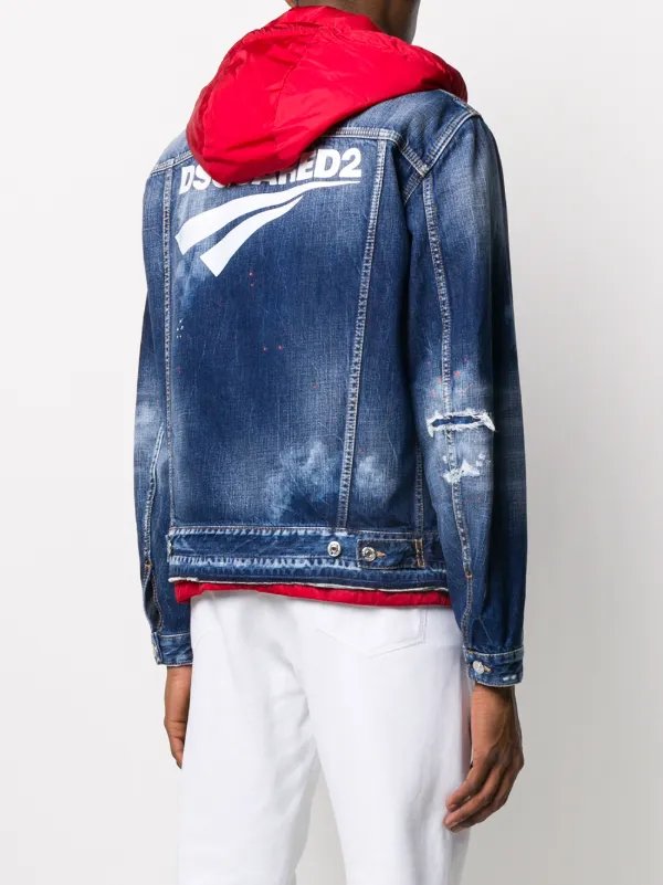 red hooded denim jacket