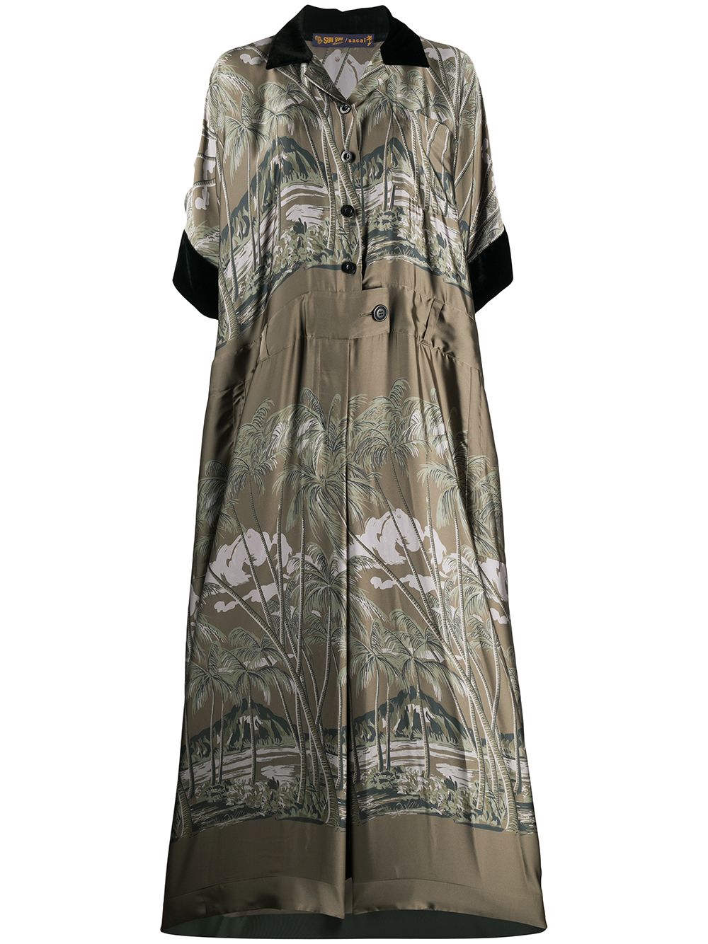 Sacai Tropical Print Maxi Shirt Dress In Green