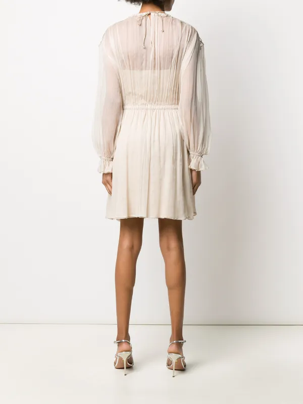 sheer chest dress Women's Strauss A-line Cuff Sleeved Mesh Sheer Knee-length Dress XS/S/M/L/XL Beige/Pink/White/Brown MEAN BLVD XL / Pink