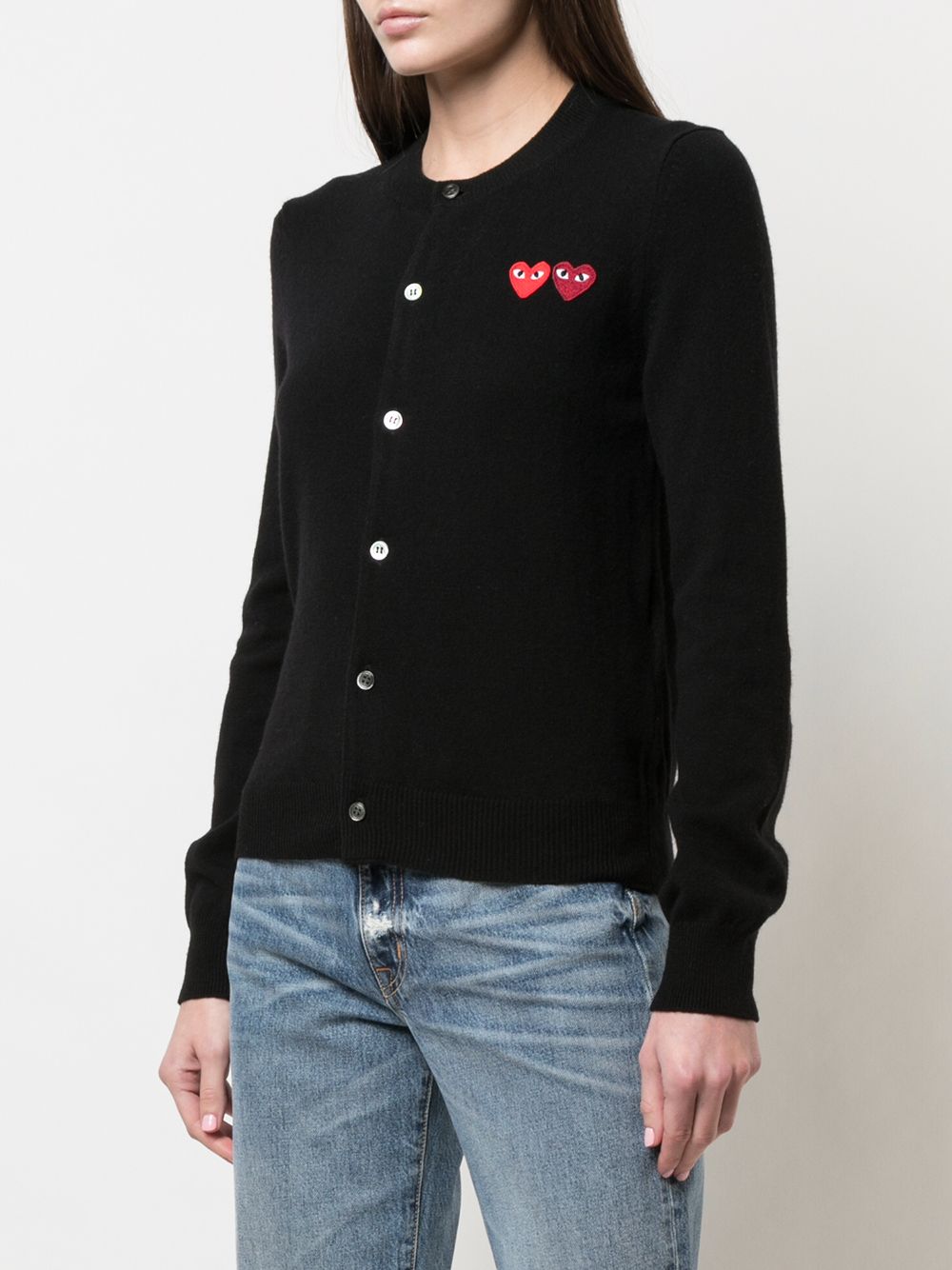 Shop Comme Des Garçons Play Double Heart-patch Knit Cardigan In Black