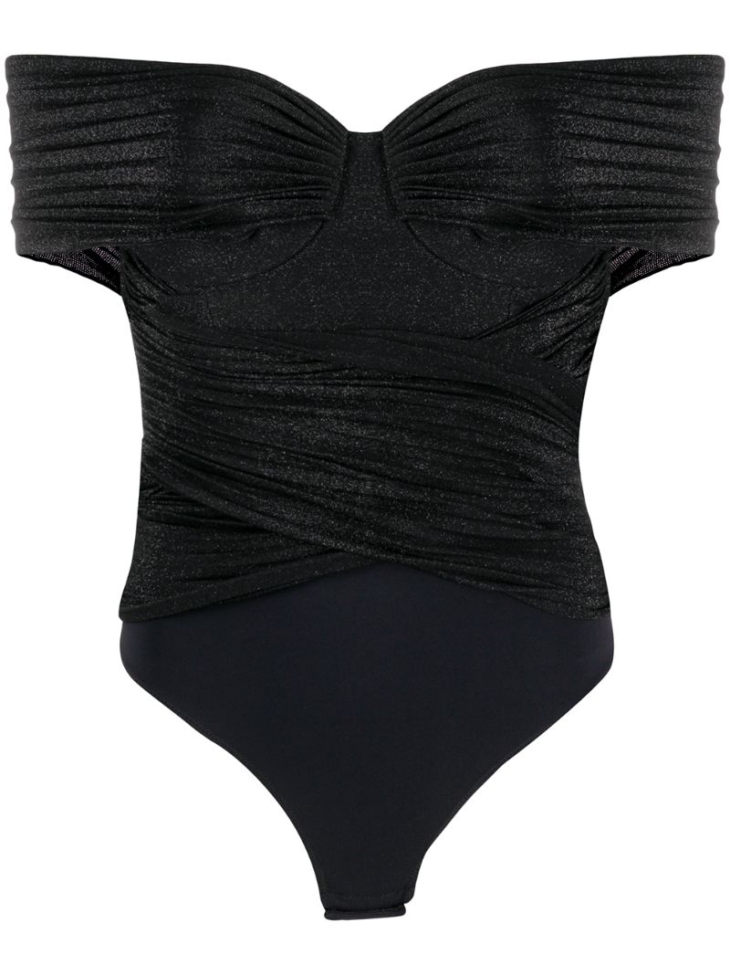 Elisabetta Franchi Off-shoulder Glitter Detail Bodysuit In Black