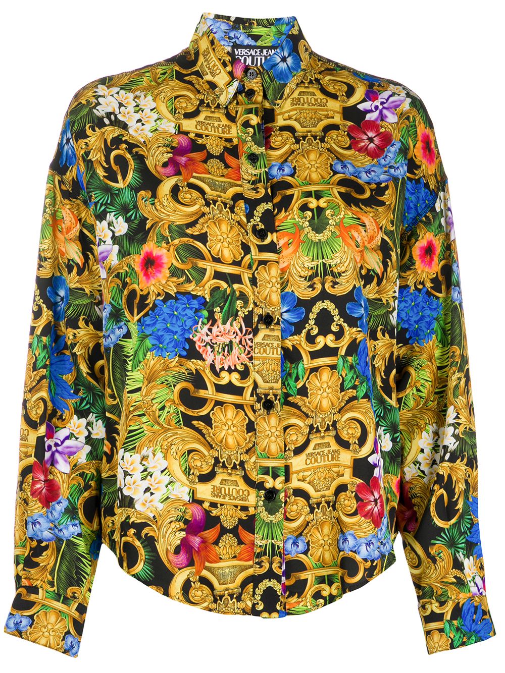 Shop Versace Jeans Couture Floral Baroque Digital Print Shirt In Black