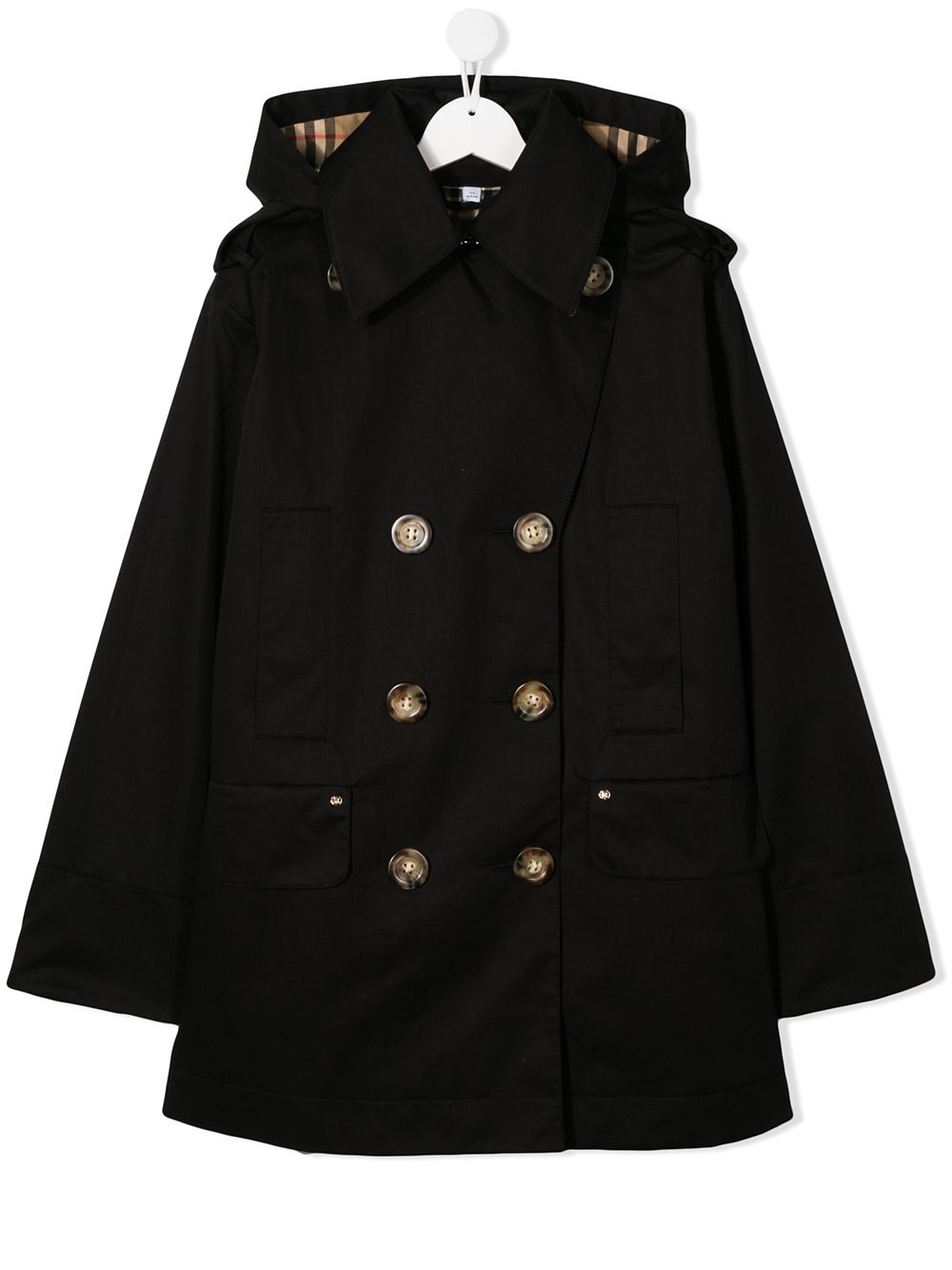 Burberry Teen Double-breasted Hooded Trench Coat In Black