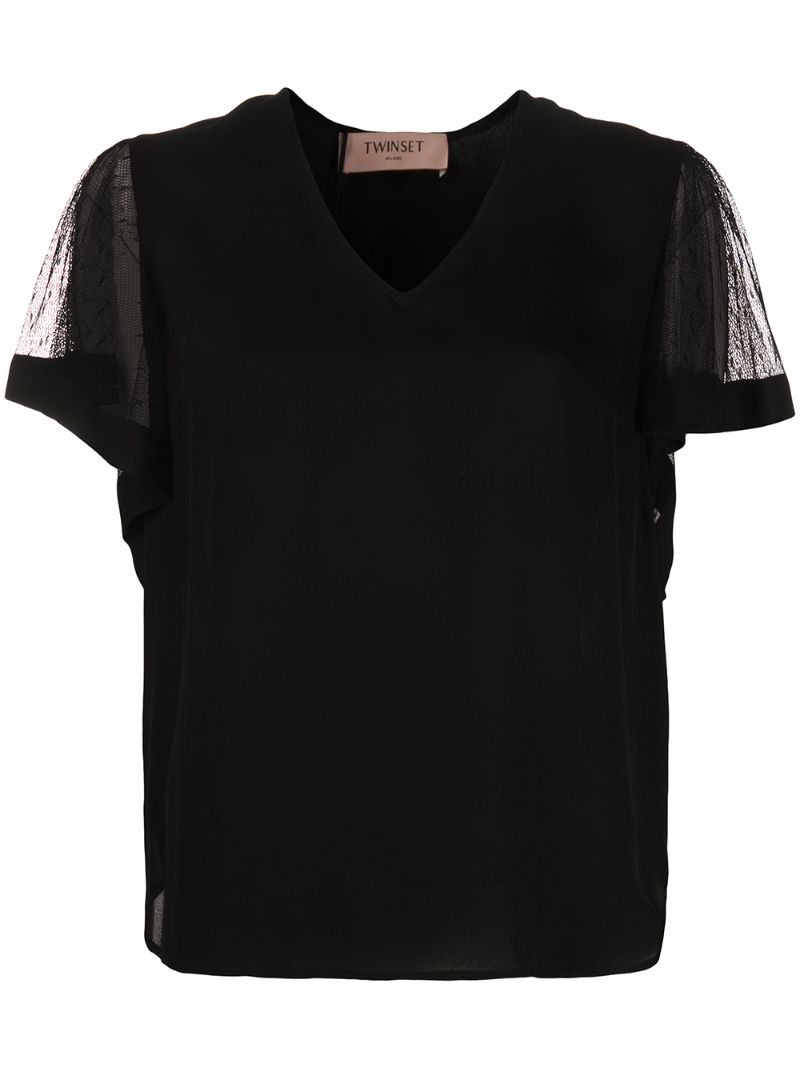 Twinset Sheer-sleeves V-neck Blouse In Black