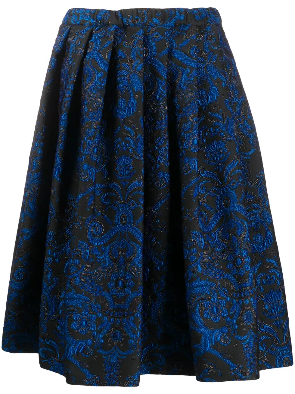 Comme des Garçons Pleated Floral Embroidered Skirt in Blue