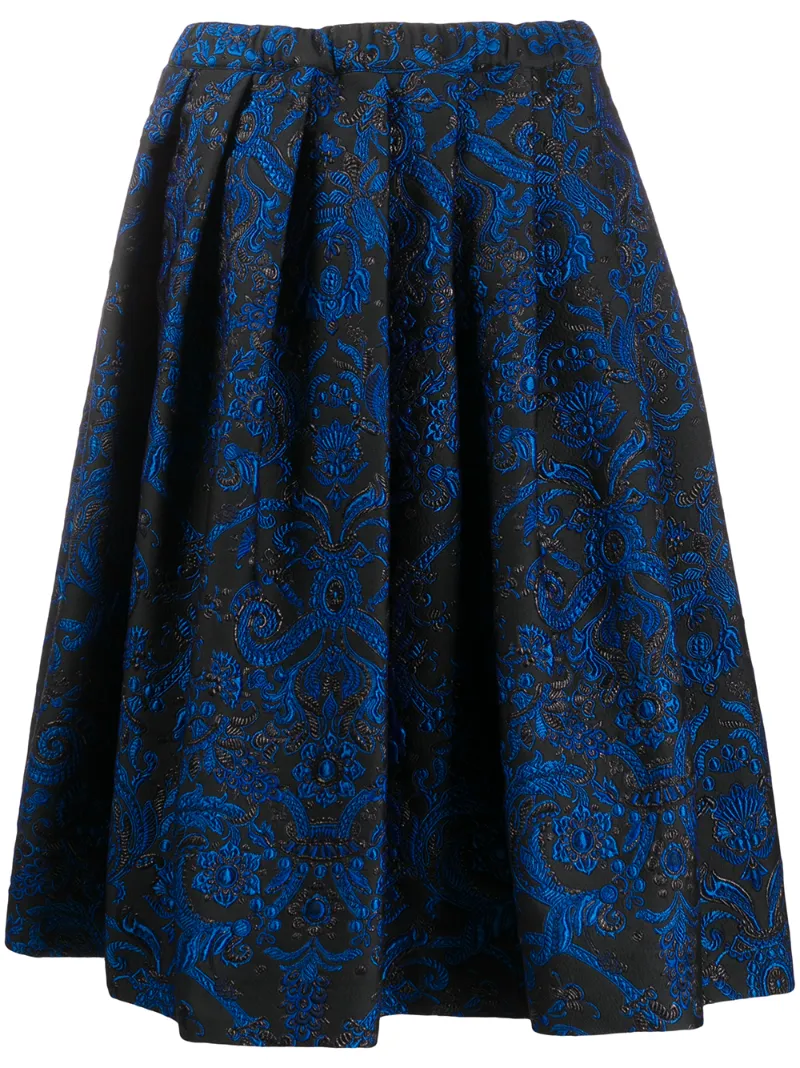 Comme Des Garçons Pleated Floral Embroidered Skirt In Blue