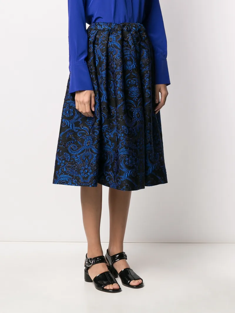 Comme Des Garçons Pleated Floral Embroidered Skirt In Blue