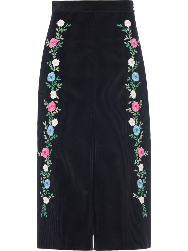 Miu Miu Ribbed Velvet Embroidered Skirt In Black