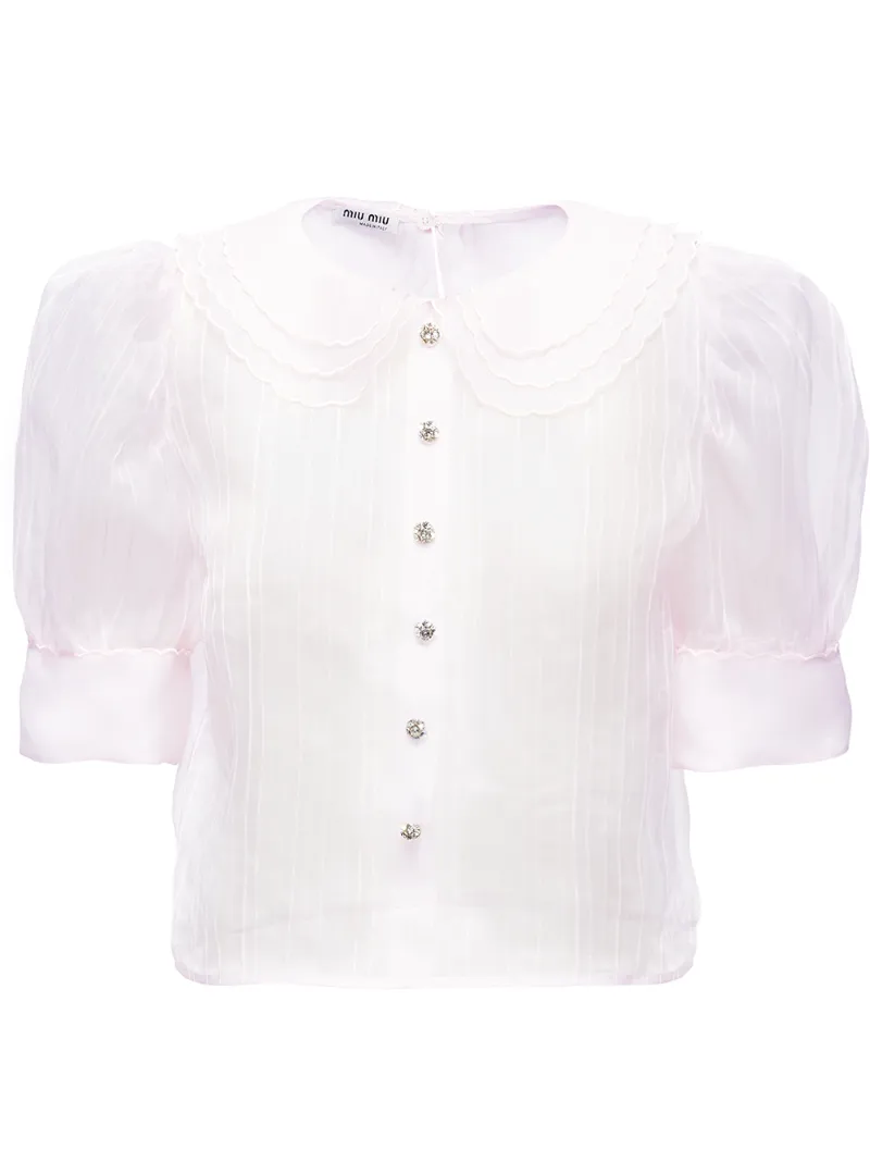 Puffed Short-Sleeve Sheer Blouse