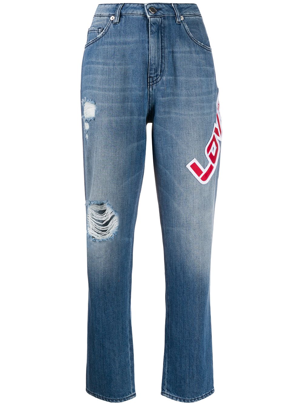 Shop Love Moschino Logo Patch Jeans In Blue