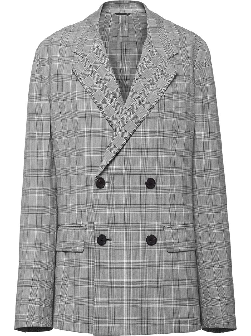 Prada Prince Of Wales Double-breasted Blazer In Grey