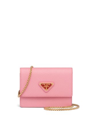 Prada Pink Saffiano Lux Leather Logo Plaque Wallet On Chain