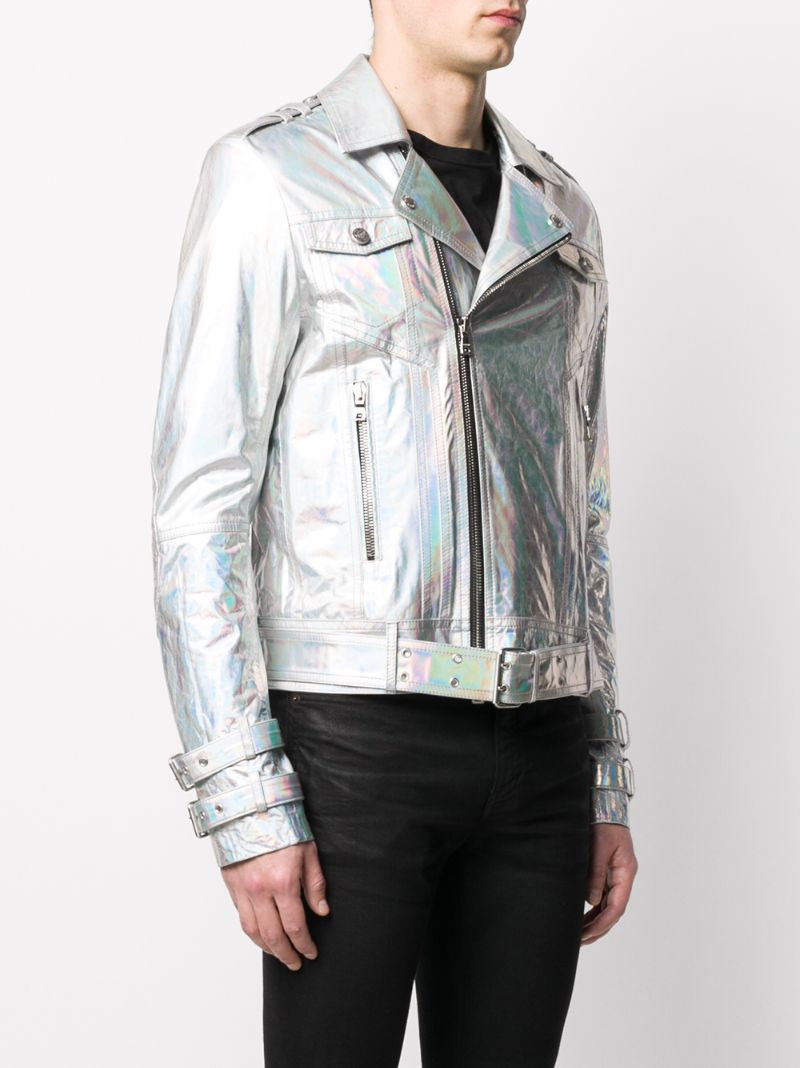 Shop Balmain Metallic Hologram Biker Jacket In Silver