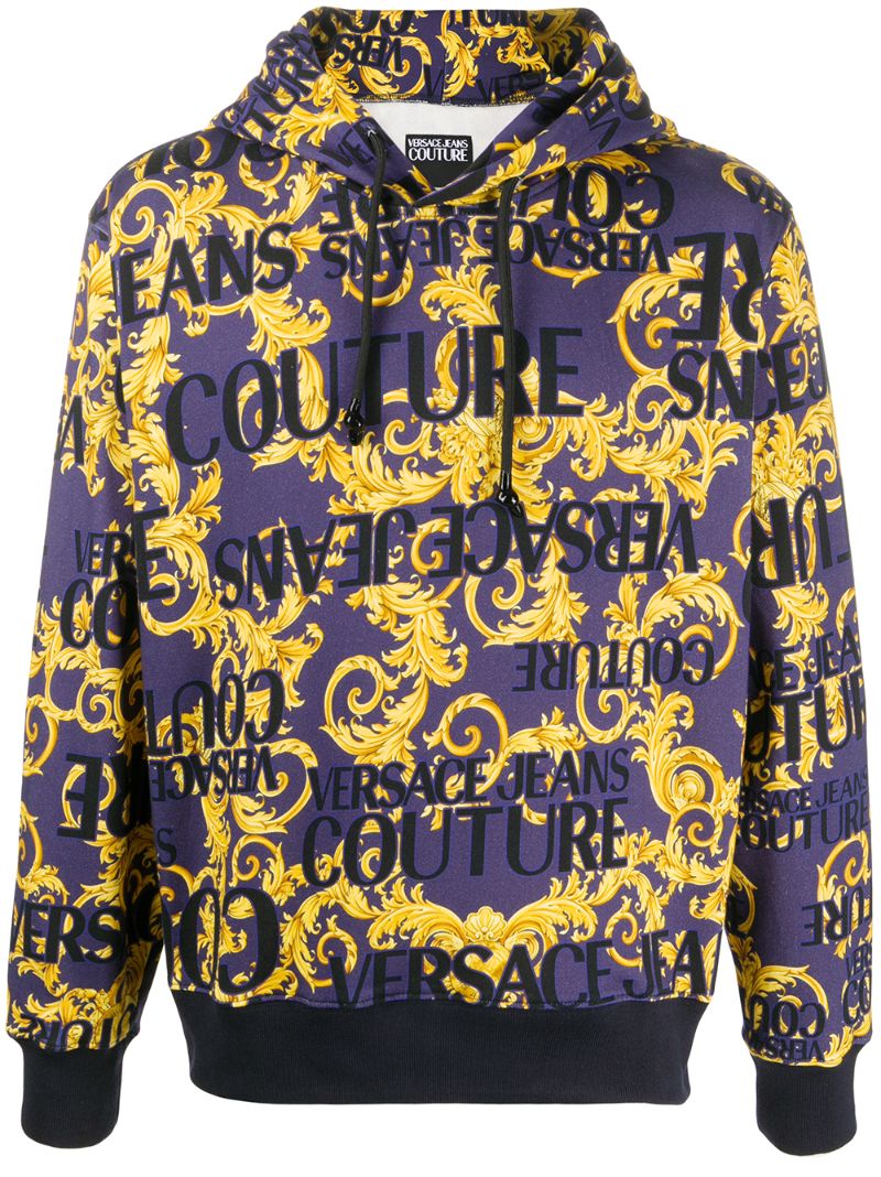 Versace Jeans Couture Logo Baroque Print Hoodie In Blue