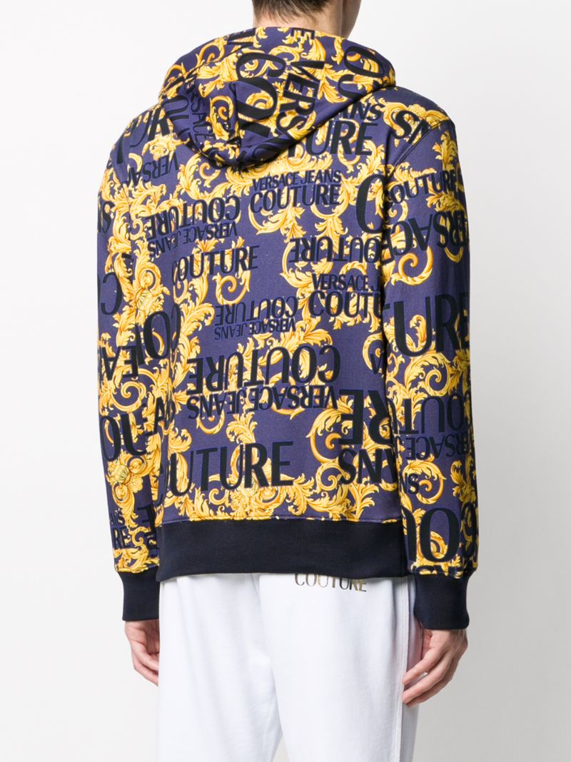 Shop Versace Jeans Couture Logo Baroque Print Hoodie In Blue