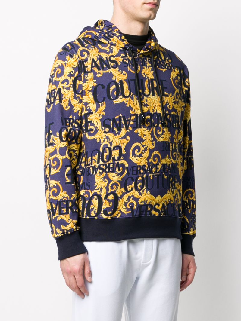 Shop Versace Jeans Couture Logo Baroque Print Hoodie In Blue