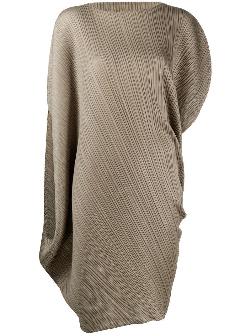 Issey Miyake Curved Dolman Sleeve Pleated Tunic Dress In Neutrals