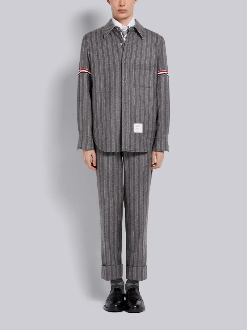 Medium Grey Chalk Stripe Wool Flannel Armband Snap Front Shirt Jacket