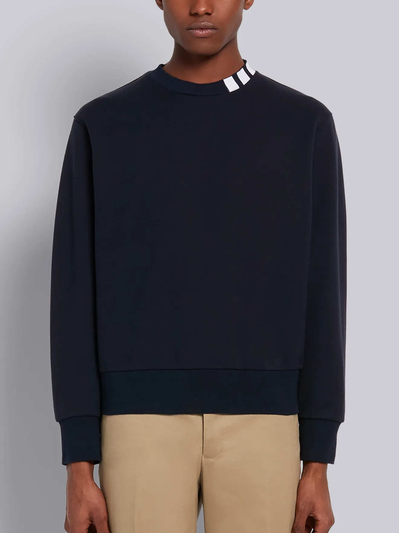 MOCK NECK SWEATSHIRT IN COTTON LOOPBACK W/ 4 BAR INTARSIA NECK 
