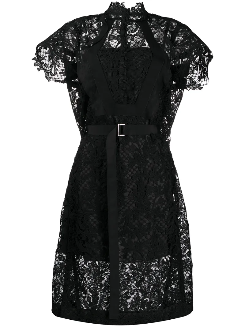 Sacai Lace Detail Midi Dress In Black ModeSens