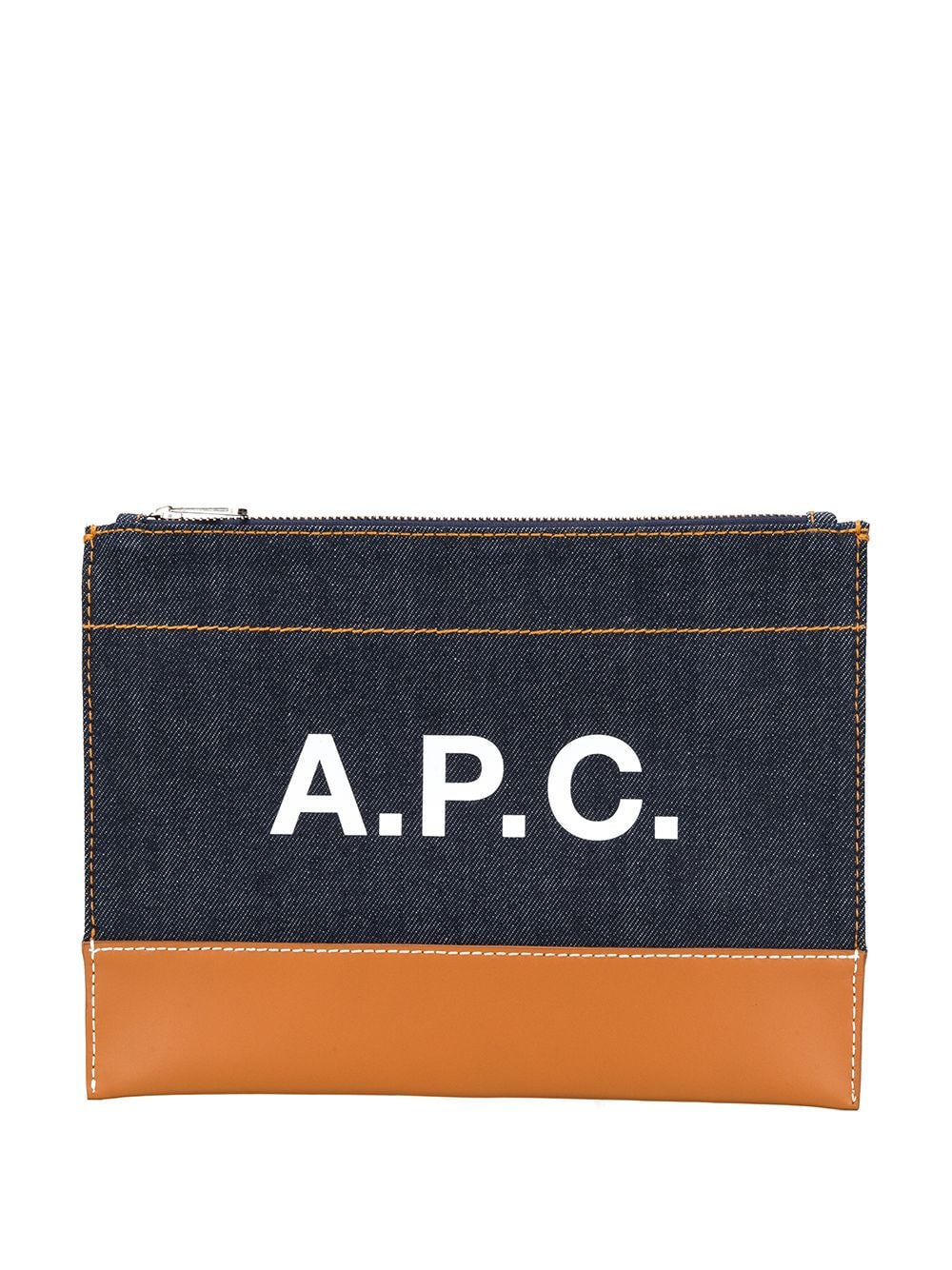 Shop Apc Logo Denim Zipped Clutch In Blue