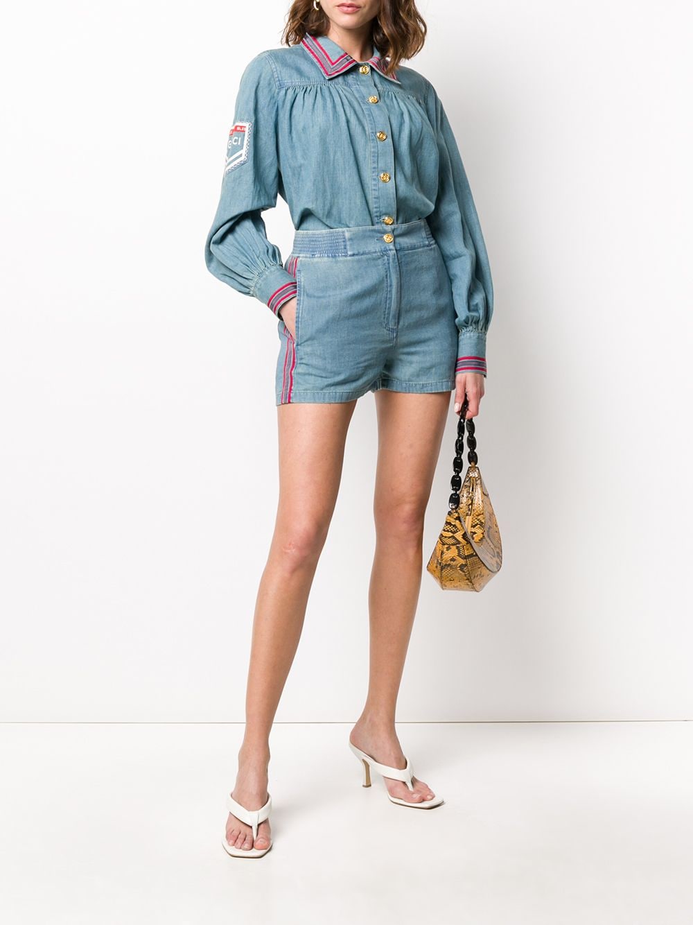 Shop Gucci Piped Chambray Shorts In Blue