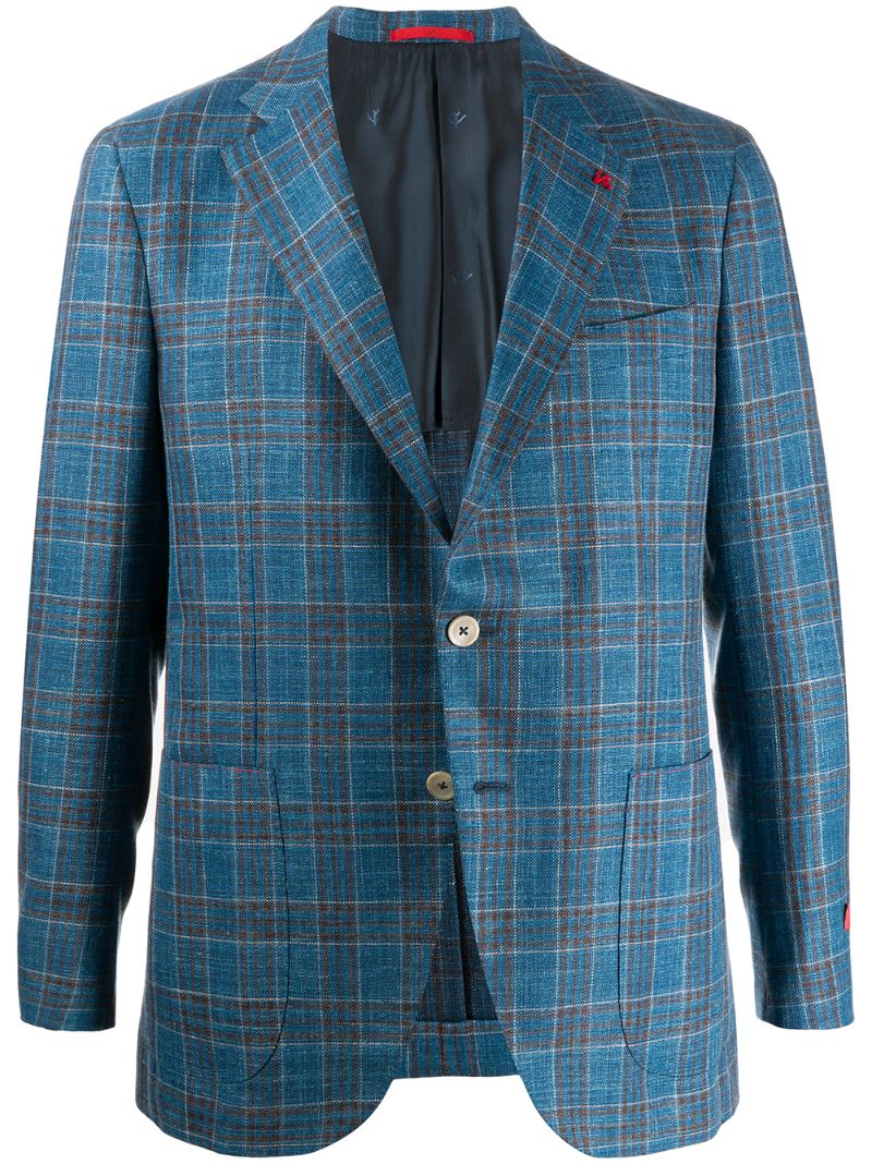 Shop Isaia Textured Tartan Patterned Suit Jacket In Blue