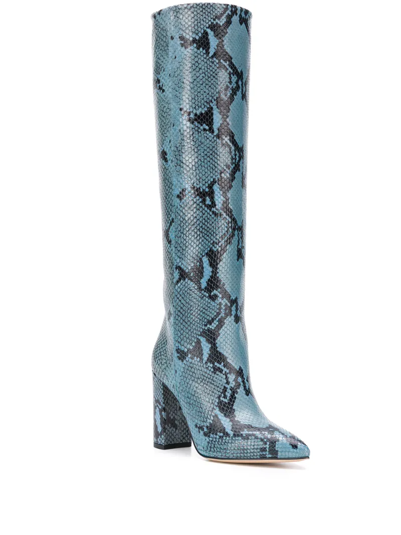 blue snakeskin thigh high boots