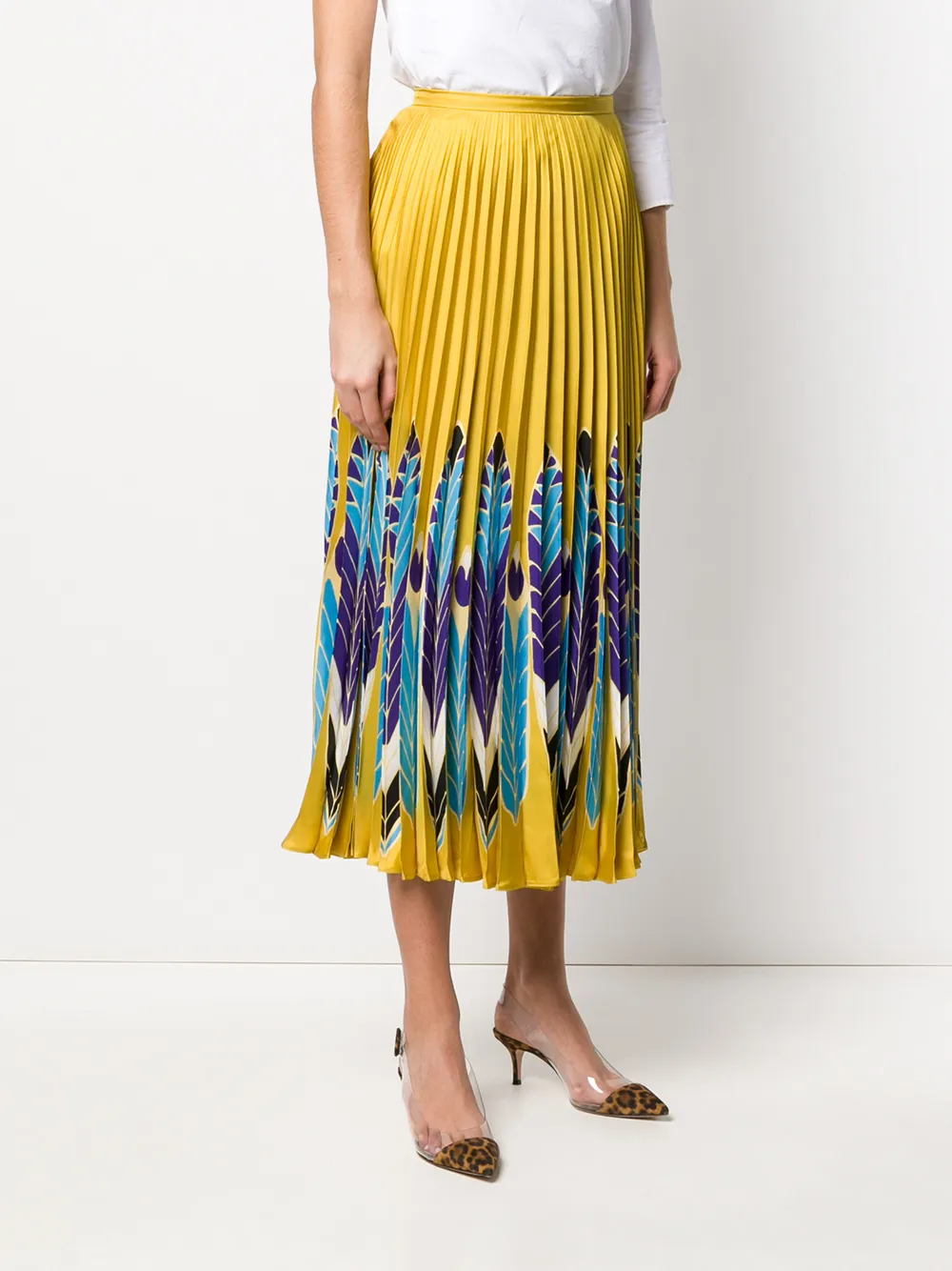 Valentino Feather Print Pleated Midi Skirt In Yellow