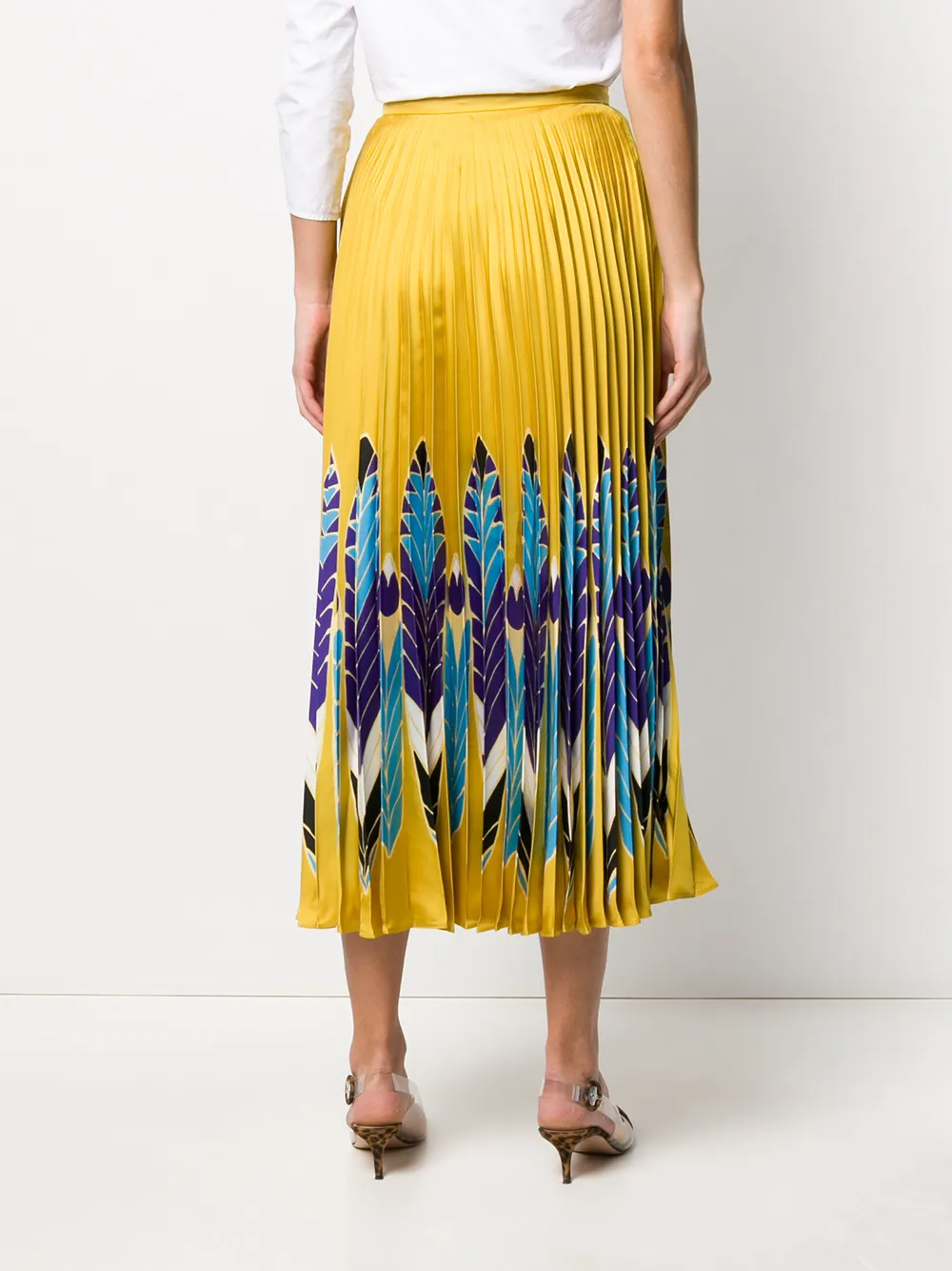 Valentino Feather Print Pleated Midi Skirt In Yellow