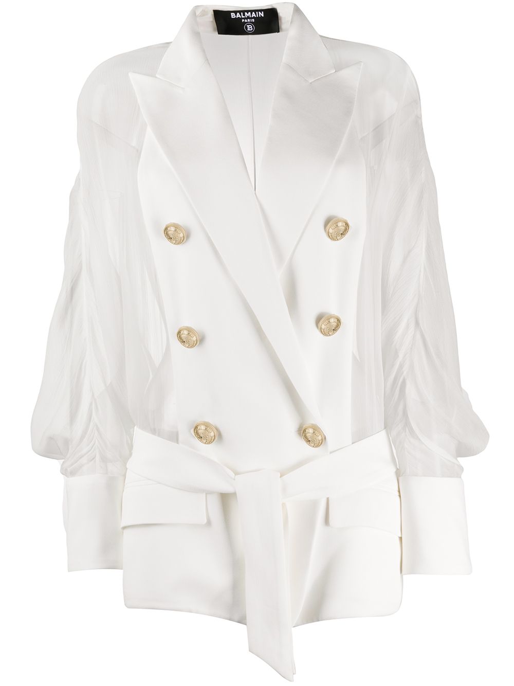 Shop Balmain Sheer Panel Double-breasted Silk Blazer In White