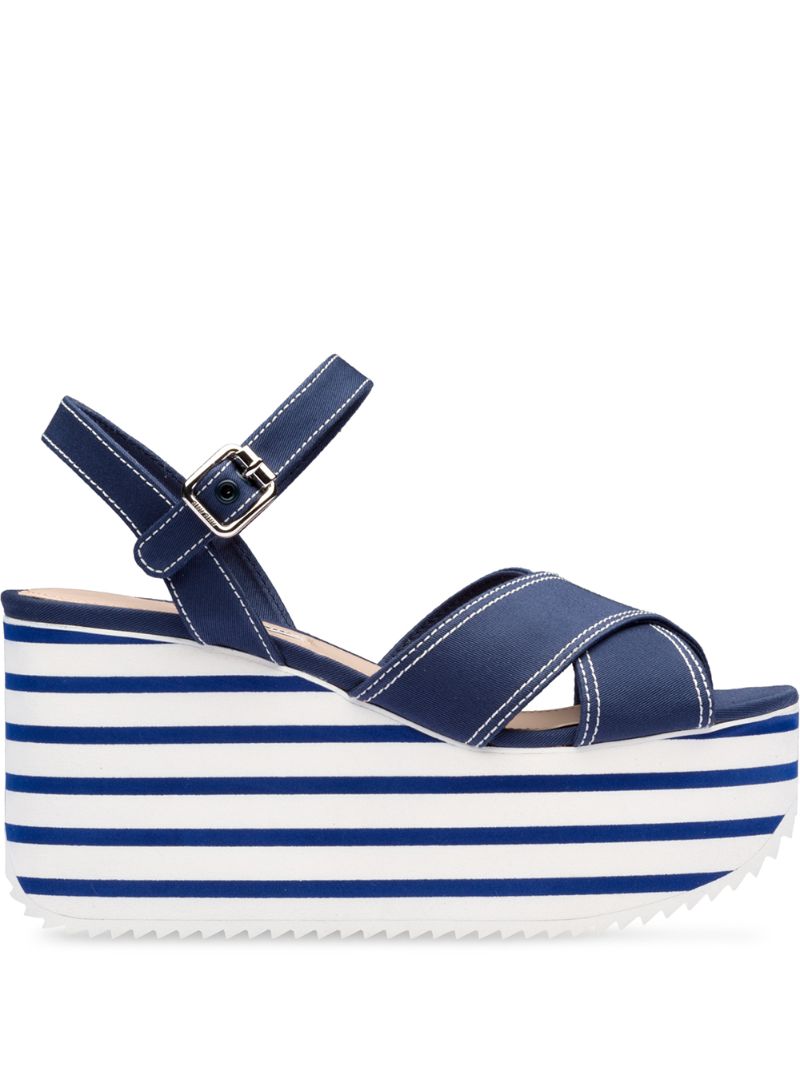 Shop Miu Miu Gabardine Striped Platform Sandals In Blue