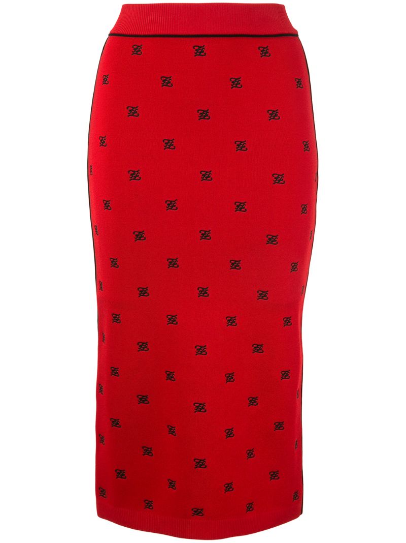 Fendi Karligraphy Motif Embroidered Pencil Skirt In Red