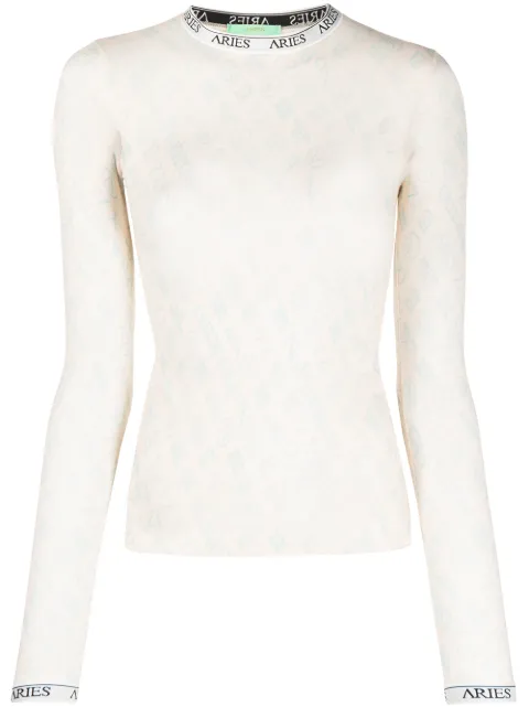 Aries monogram long-sleeved tulle top