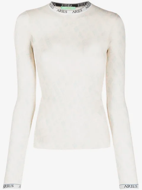 Aries monogram long-sleeved tulle top