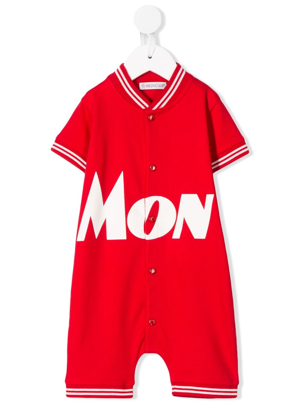 Shop Moncler Logo Print Stripe Detail Babygrow In Red