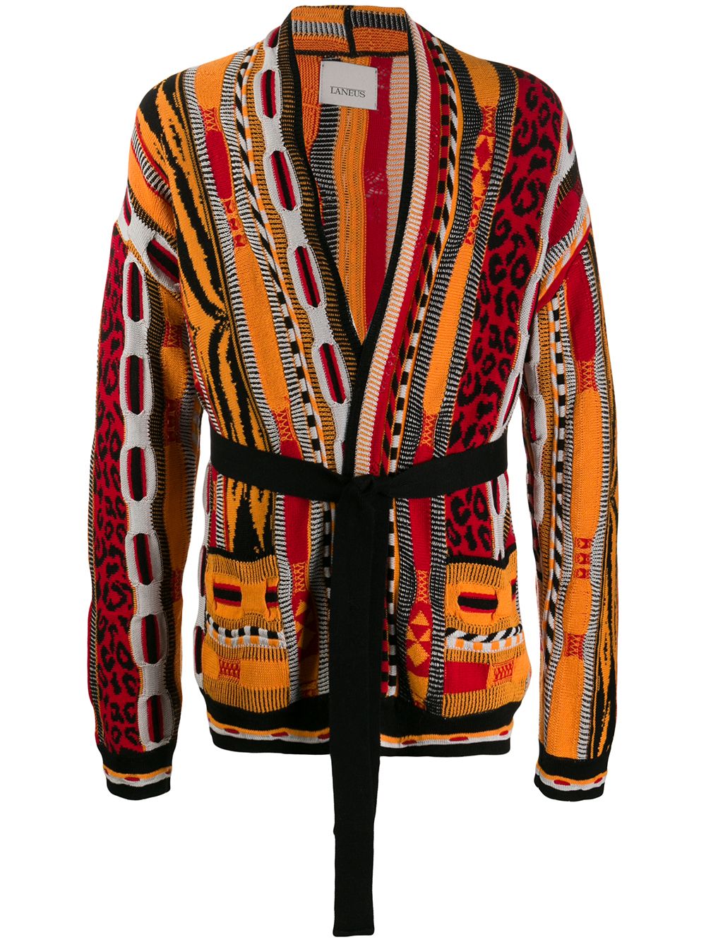 Laneus Mixed-pattern Belted Cardigan In Orange