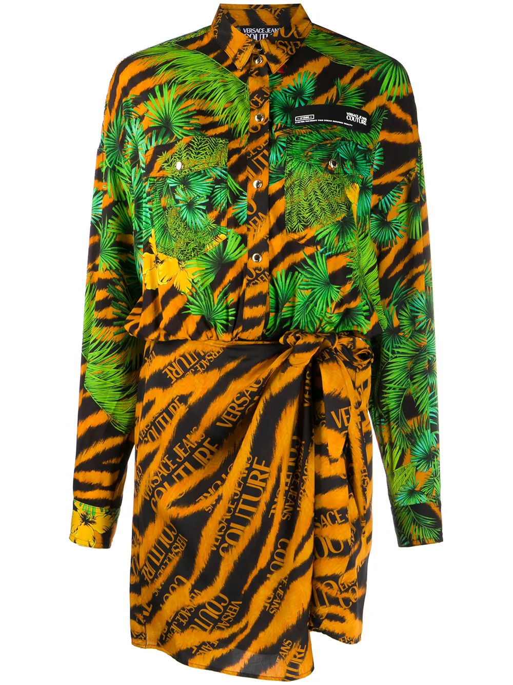Click to view more detailed imagery on our partner's website Versace Jeans Couture Tropical Animal Print Shirt Dress In Orange