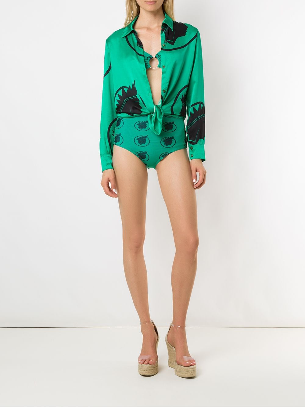 Shop Amir Slama Índio Print High Waisted Bikini Set In Green