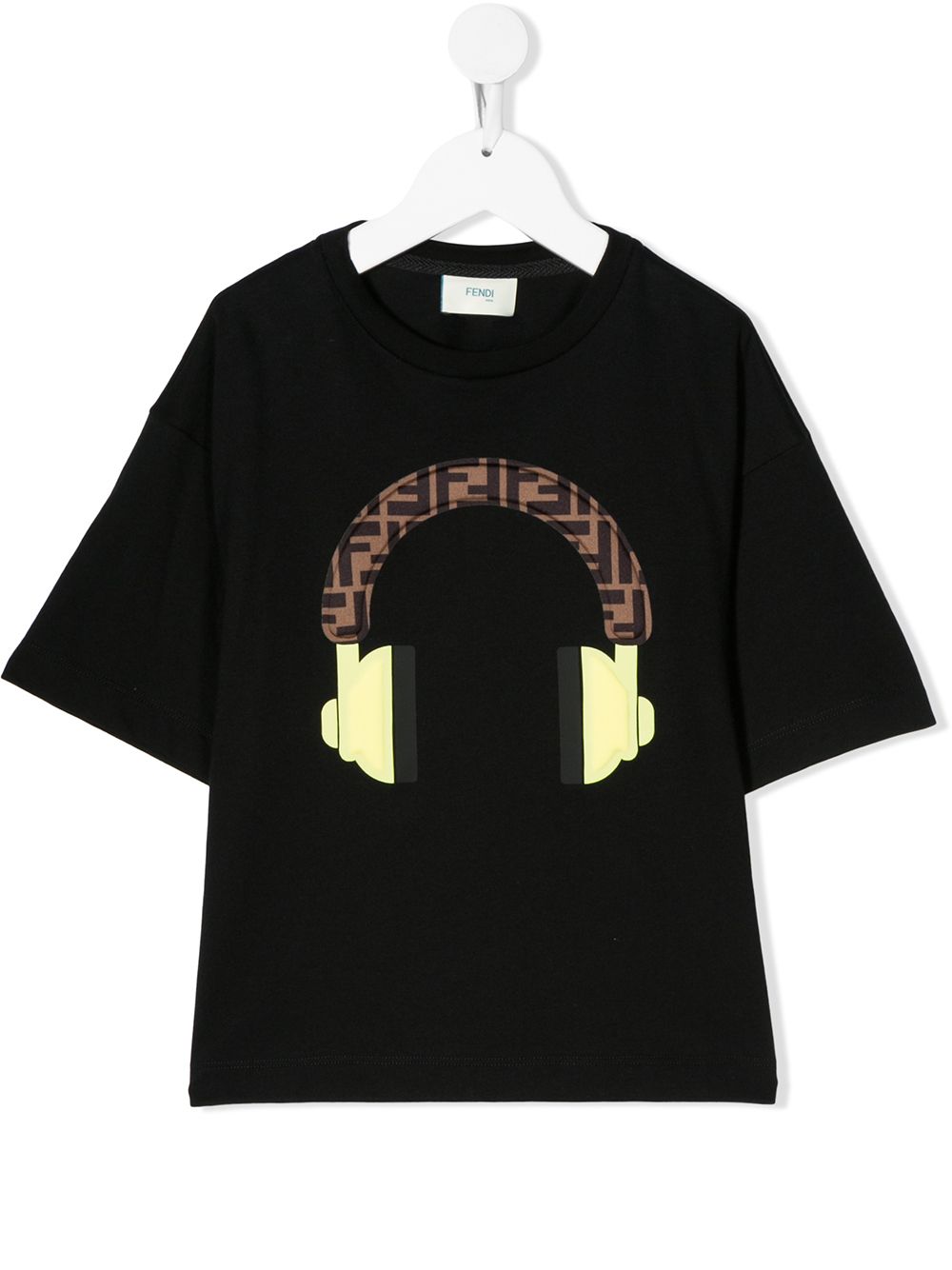 Fendi Kids' Double-f Headphones-print T-shirt In 黑色