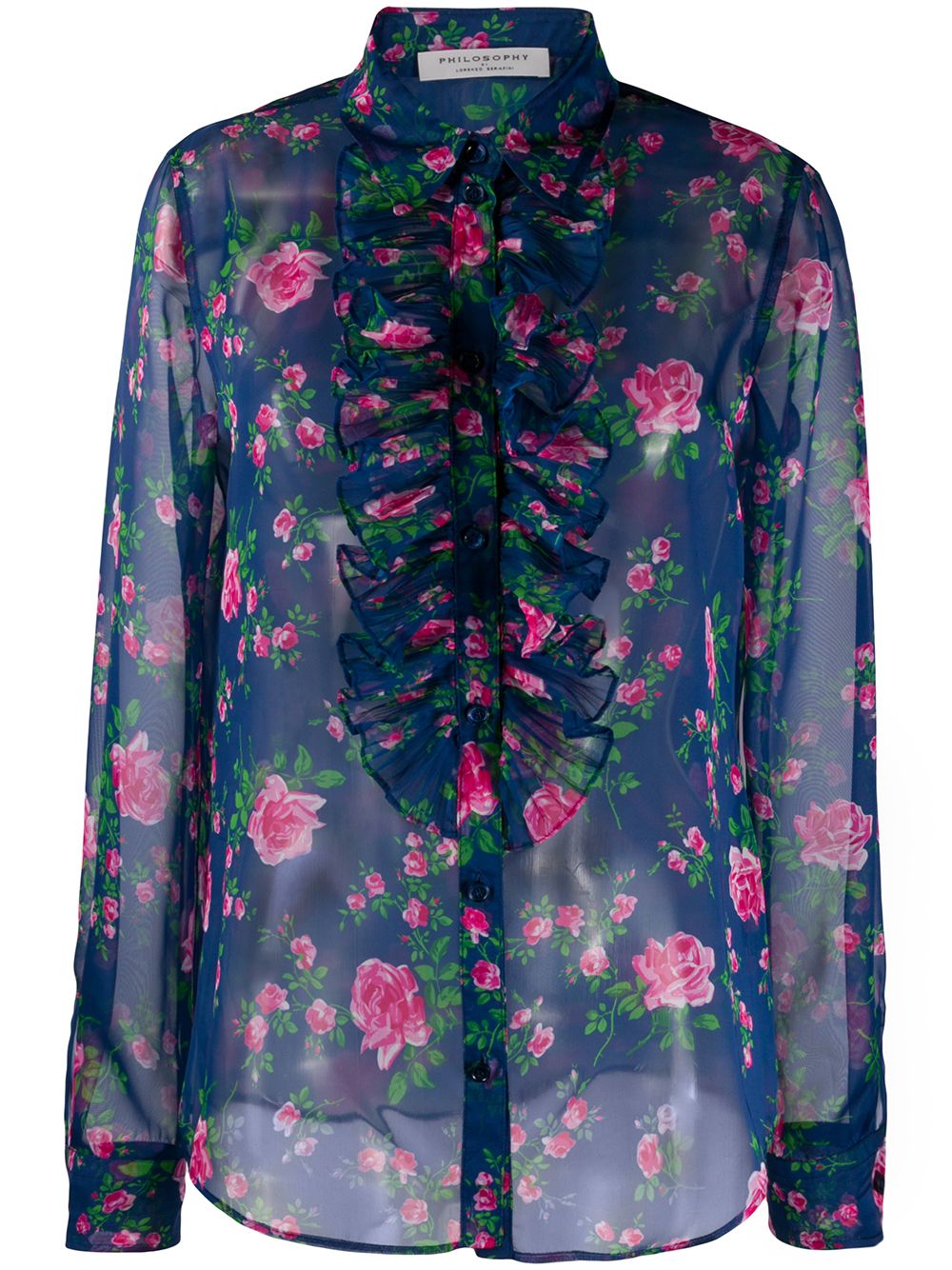 Philosophy Di Lorenzo Serafini Ruffle-trimmed Rose-print Chiffon Blouse In Blue