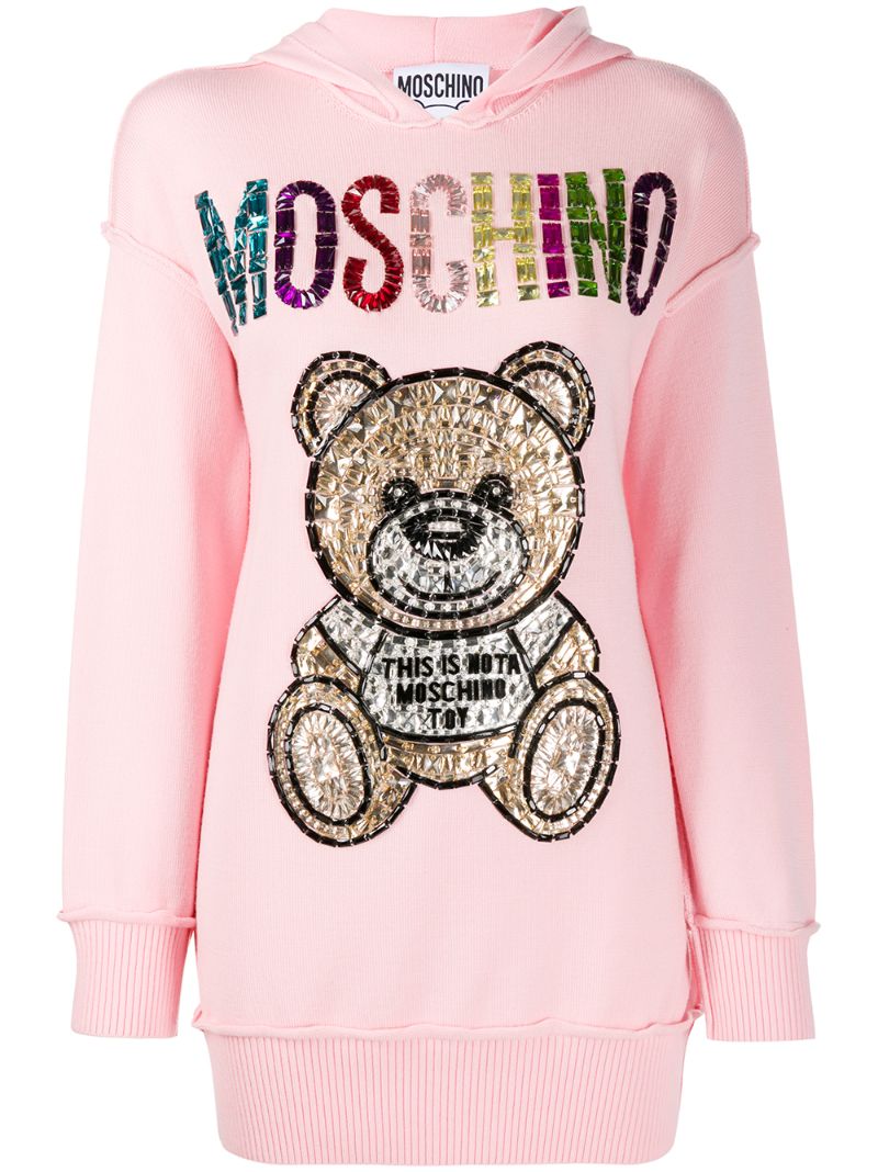 Moschino Rhinestone Logo Teddy Long Hoodie In Pink