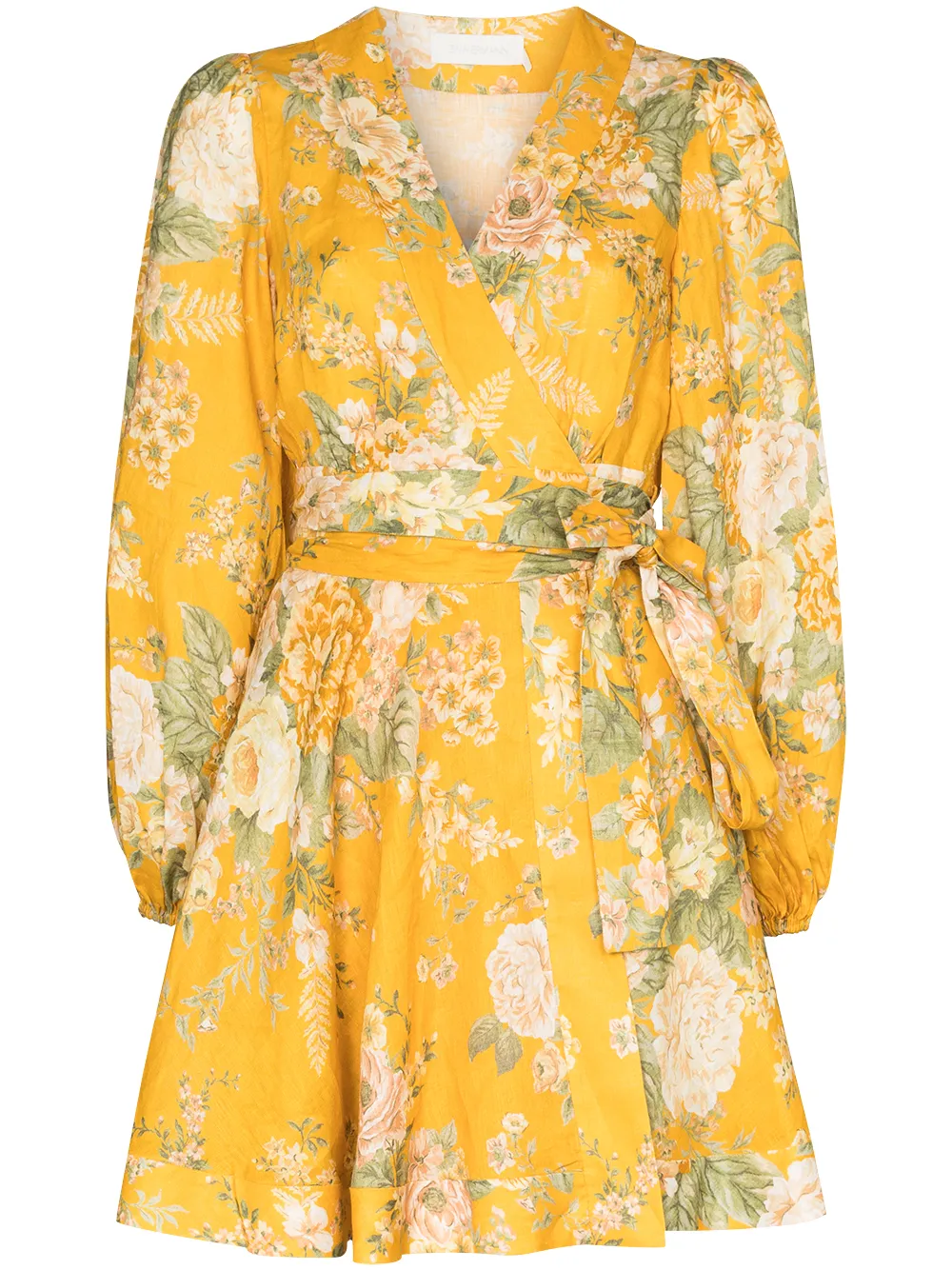 Long Sleeve Floral Linen Wrap Dress 