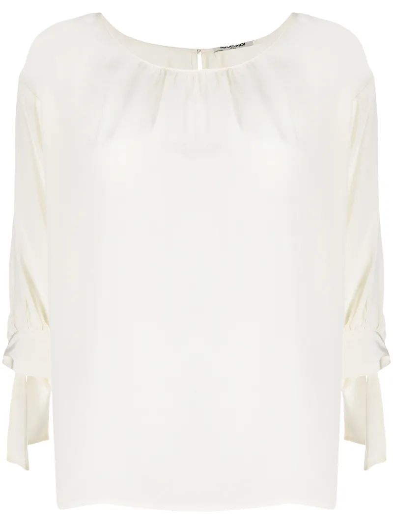 Max & Moi Round-neck Tie-cuff Blouse In White