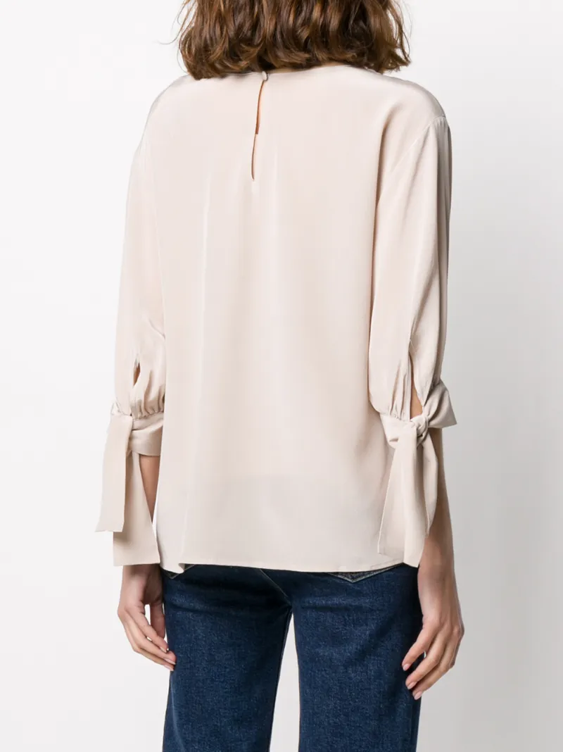 Max & Moi Tie-cuffs Silk Blouse In Neutrals