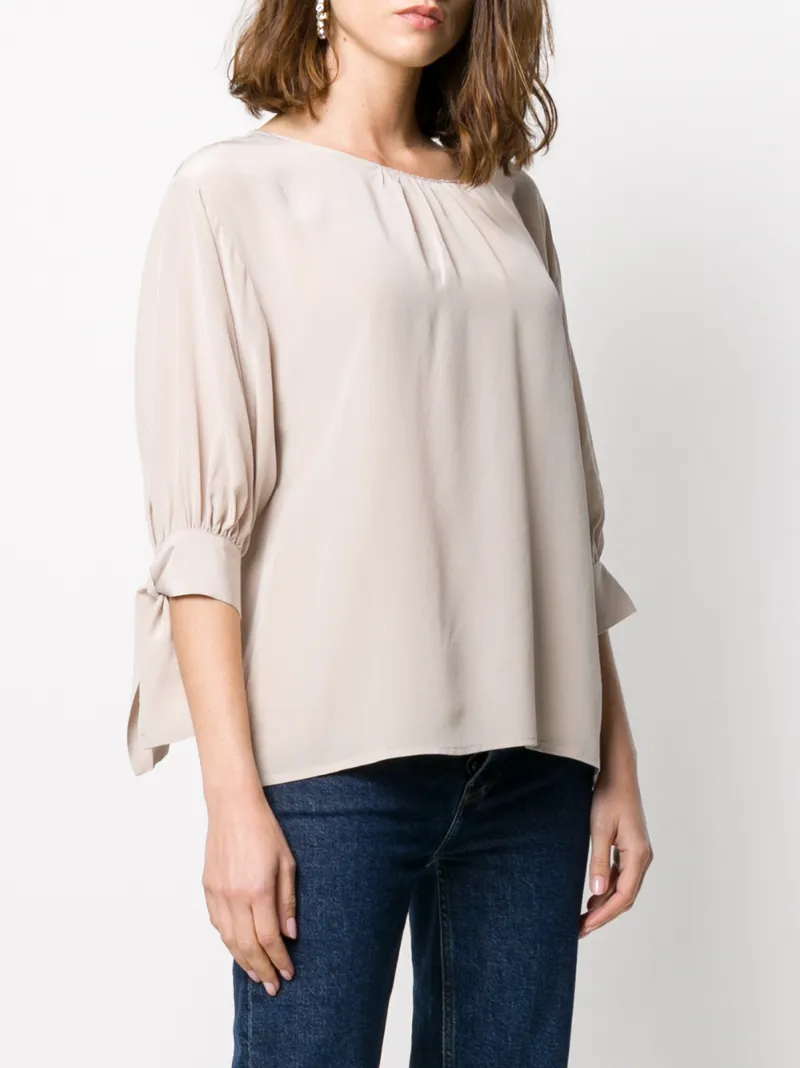 Max & Moi Tie-cuffs Silk Blouse In Neutrals